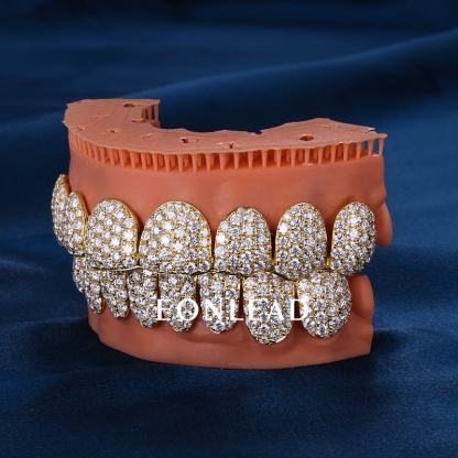 Custom S925 Silver Yellow Gold Plated Top & Bottom 10 VVS Moissanite Diamond Perm cut Teeth Grillz for Men Women