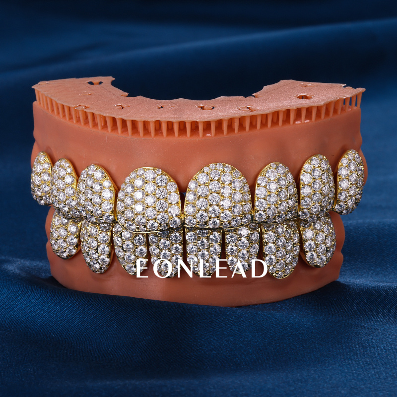 Custom S925 Silver Yellow Gold Plated Top & Bottom 8 VVS Moissanite Diamond Perm cut Teeth Grillz for Men Women