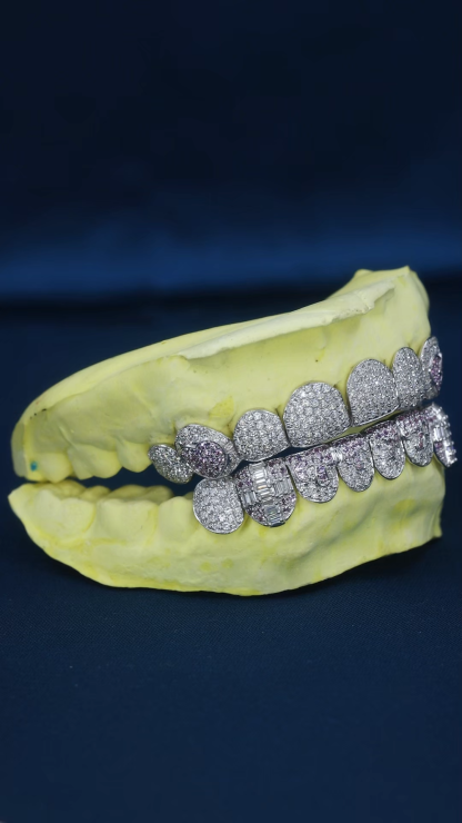 Custom S925 Silver Top & Bottom 2 - 10 VVS Moissanite Diamond Perm cut Baguette Cross heart shape Teeth Grillz for Men Women