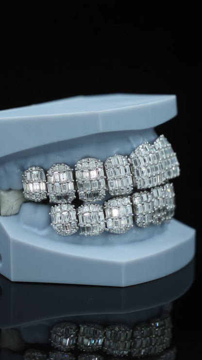 Custom 925 Silver 10 Top & Bottom Grillz Baguette Cut Full Pave Moissanite Lab Diamond Teeth Grillz Hip Hop Jewelry For Streetwear Accessory
