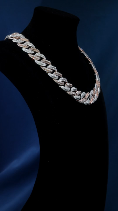 Custom 22mm 6-26inches S925 Silver Rose White Gold Plated Round & Emerald cut VVS Moissanite Diamond Cuban Chain Bracelet Necklace