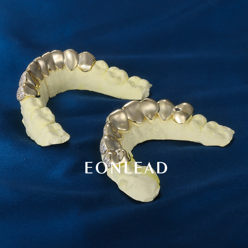 Custom S925 Silver Yellow Gold Plated Top & Bottom 10 VVS Moissanite Diamond Perm cut Honeycomb Setting Teeth Grillz