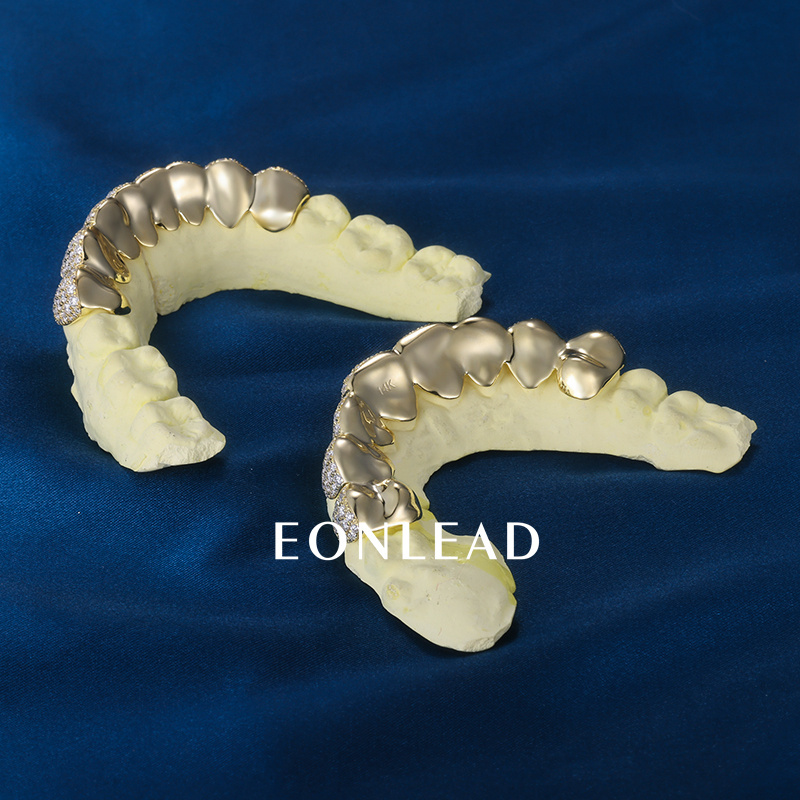 Custom S925 Silver Yellow Gold Plated Top & Bottom 10 VVS Moissanite Diamond Perm cut Honeycomb Setting Teeth Grillz