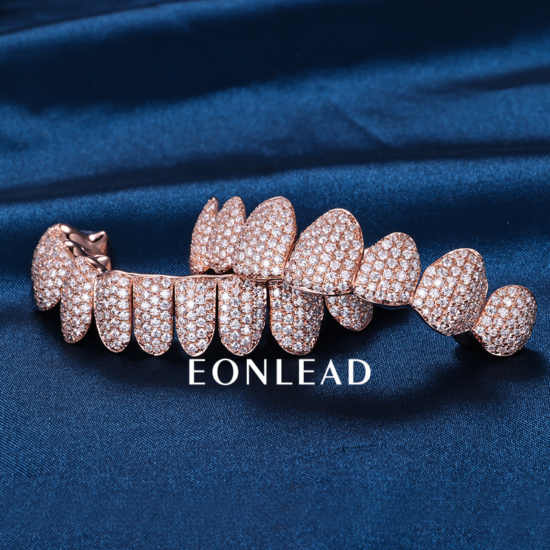 Custom S925 Silver Rose Gold Plated Top & Bottom 8 VVS Moissanite Diamond Perm cut Teeth Grillz for Men Women