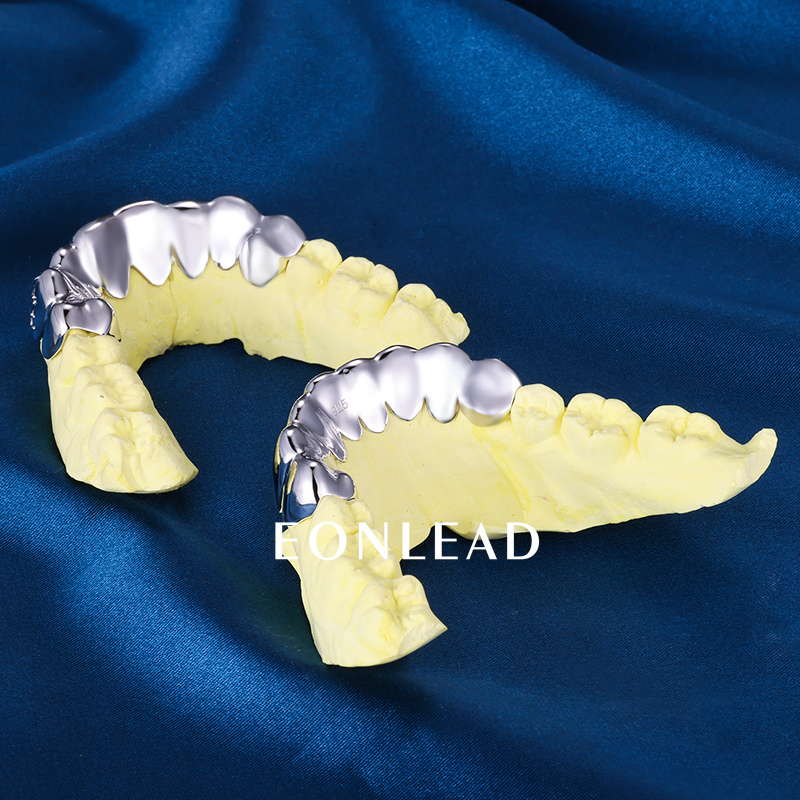 Custom S925 Solid Plain Silver White Gold Plated Top & Bottom 8 Perm cut Teeth Grillz