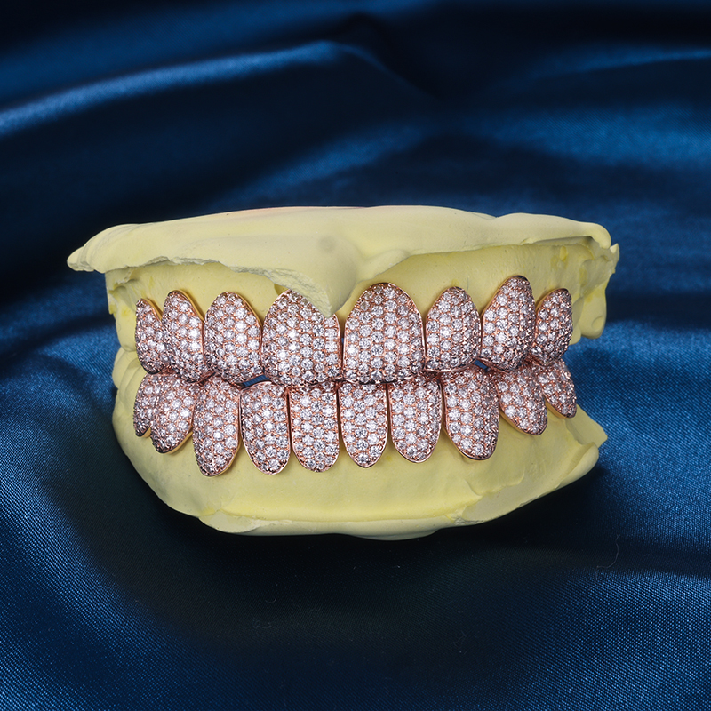 Custom S925 Silver Rose Gold Plated Top & Bottom 8 VVS Moissanite Diamond Perm cut Teeth Grillz for Men Women