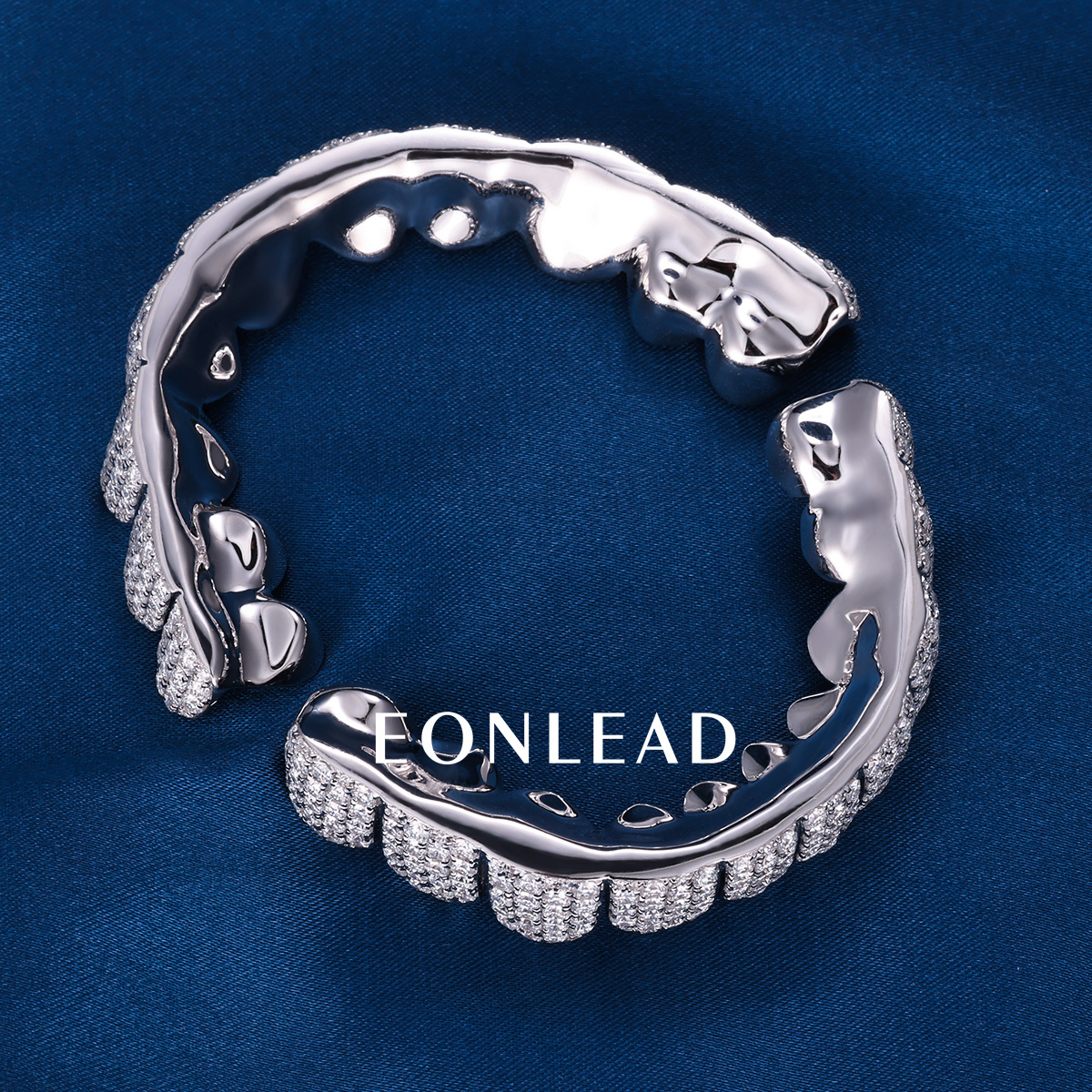 Custom S925 Silver Gold Plated Top & Bottom 10 VVS Moissanite Diamond Perm cut Honeycomb Setting Horizontal Straight Teeth Grillz