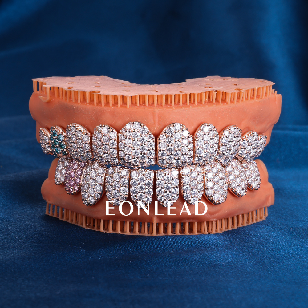 Custom S925 Silver Yellow Gold Plated Top & Bottom 2 - 10 Pink Green D VVS Moissanite Diamond Perm cut Iced Out Teeth Grillz for Men Women