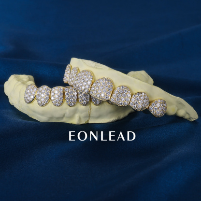 Custom S925 Silver Yellow Gold Plated Top & Bottom 10 VVS Moissanite Diamond Perm cut Honeycomb Setting Teeth Grillz