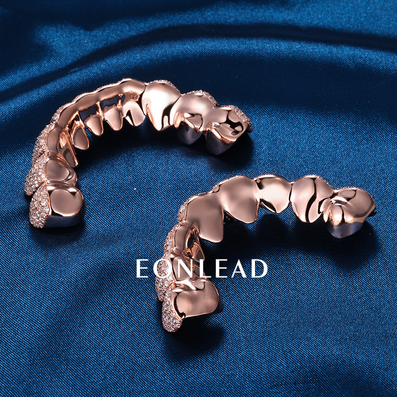 Custom S925 Silver Rose Gold Plated Top & Bottom 8 VVS Moissanite Diamond Perm cut Teeth Grillz for Men Women