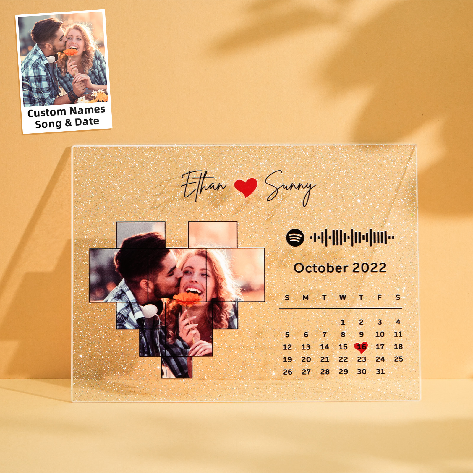 Personalisierter Fotokalender Mit Glitzerndem Acrylschild, Spotify-song-dekor, Jubiläumsgeschenk