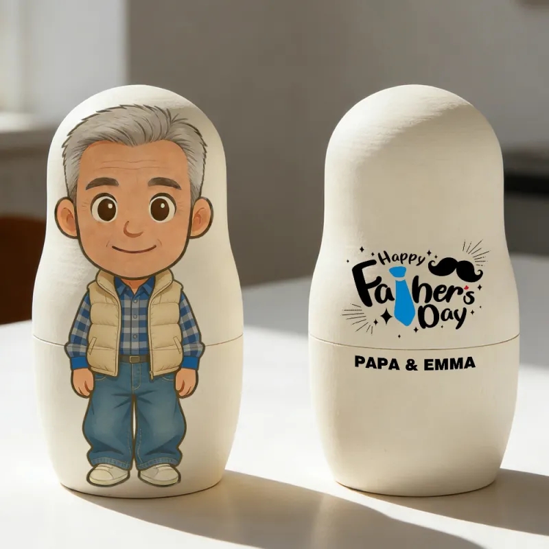 Personalisierte Matroschka mit Foto, Familienporträt im Cartoon-Stil, einzigartiges Geschenk zum Vatertag