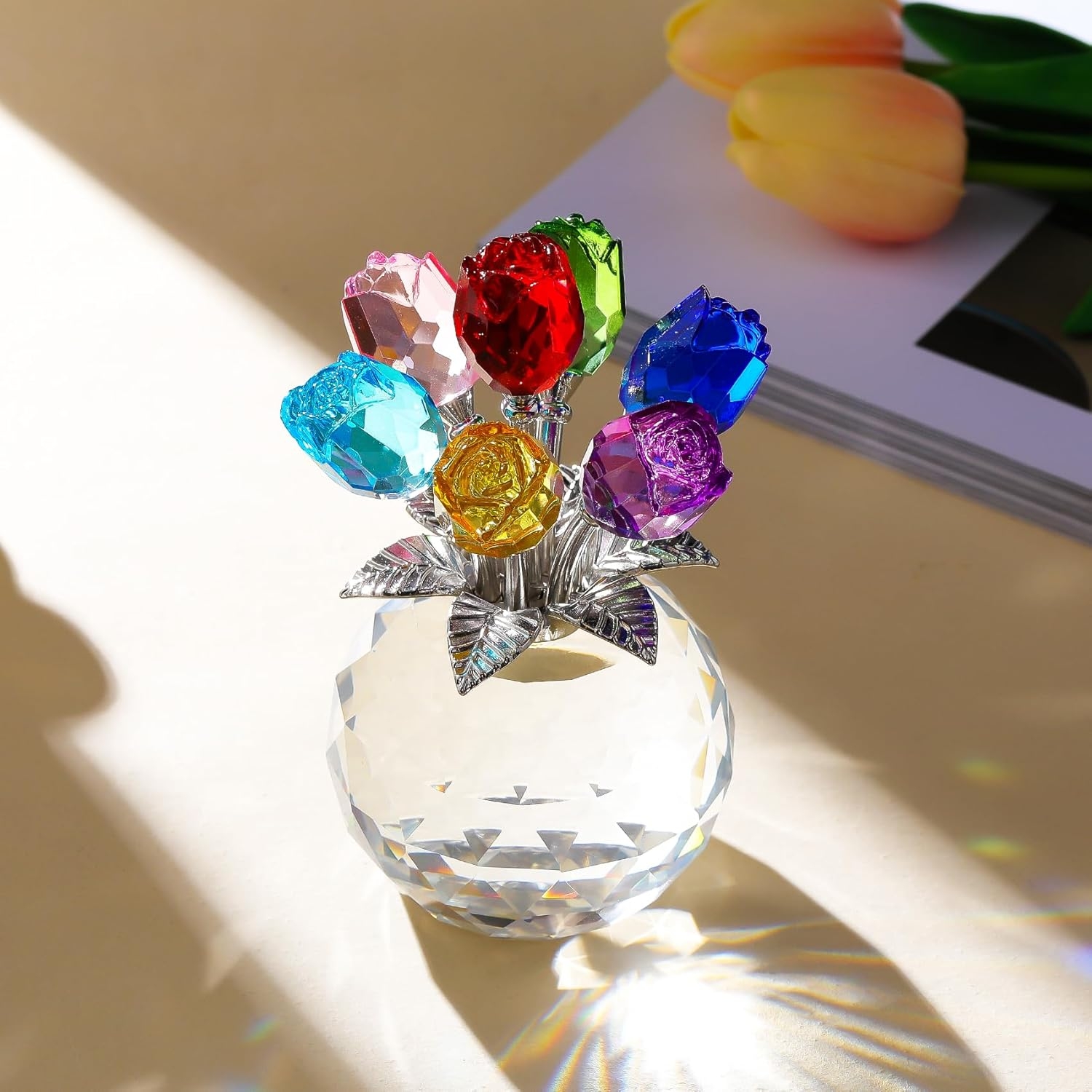 Figurine De Collection En Cristal Représentant Une Rose Colorée Avec Vase Et Bouquet De Roses, Cadeau Romantique Pour Maman