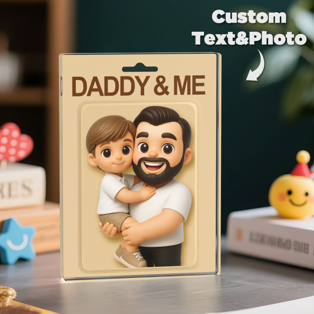 Cadeau Personnalisé Pour La Fête Des Pères : Plaque Acrylique Personnalisée Avec Dessin Animé Papa Et Enfant, Bloc Acrylique Avec Photo Personnalisée - 