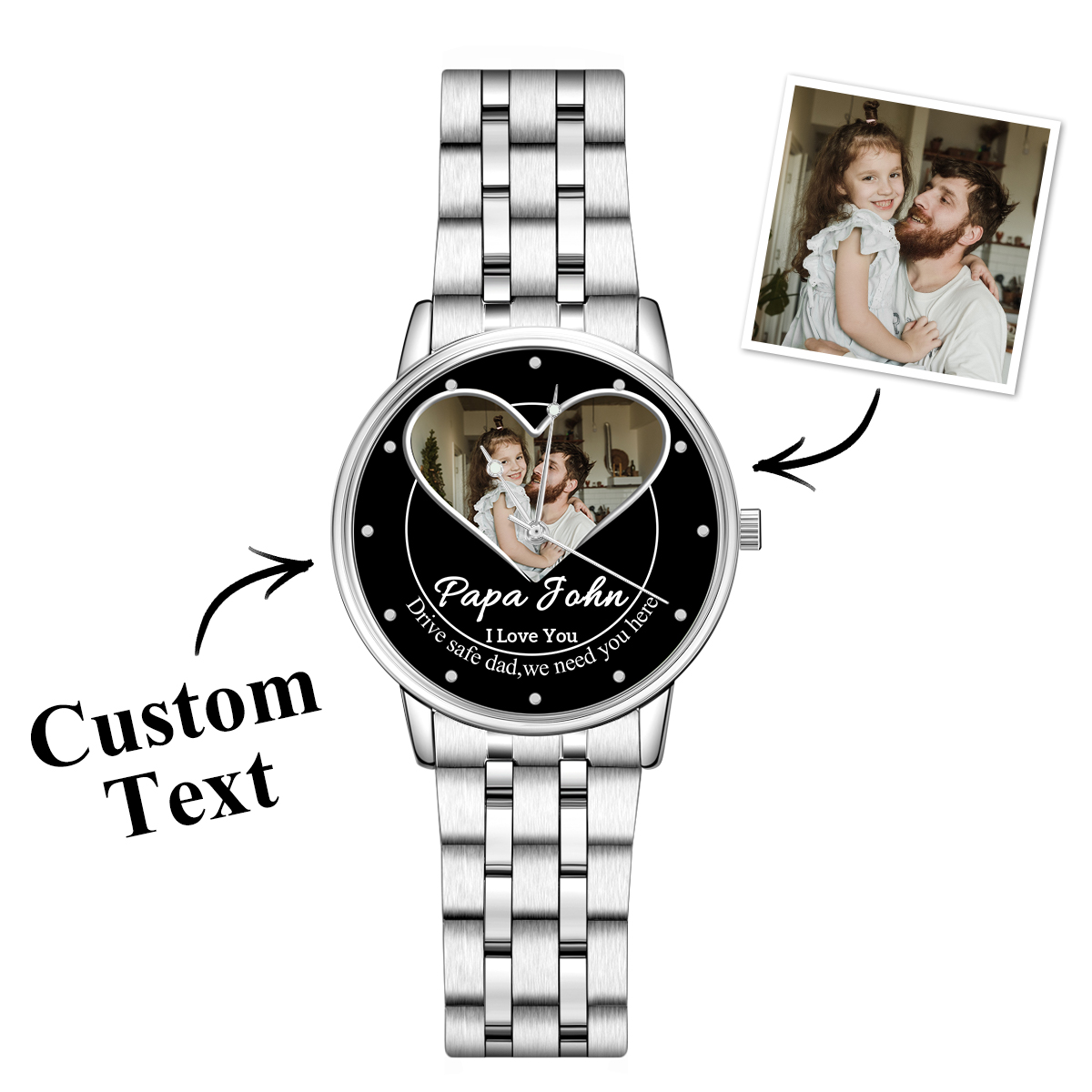 Téléchargement De Photo Avec Cadre En Forme De Cœur - Montre Familiale Personnalisée En Acier Inoxydable - 
