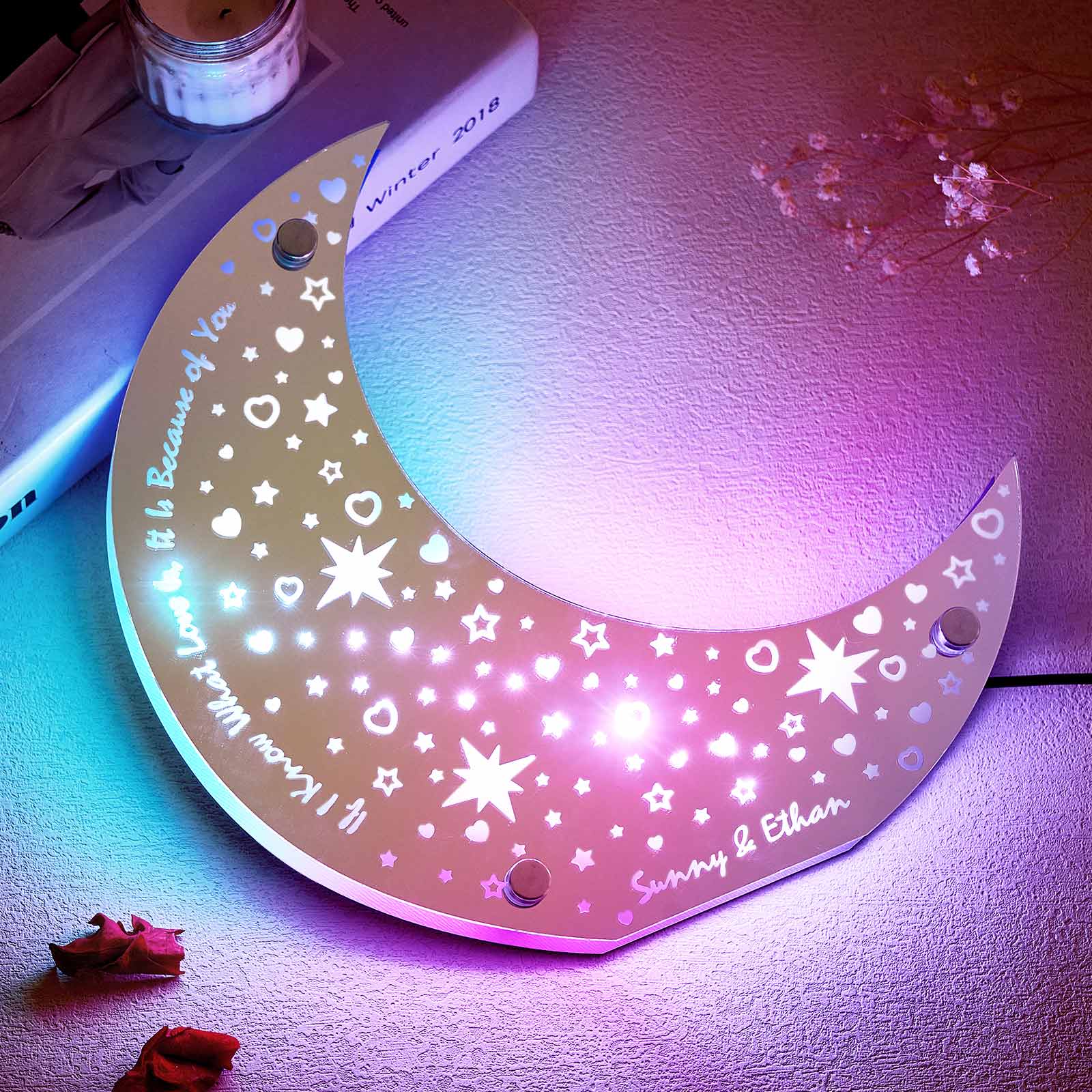 Lumière De Miroir De Lune Led Gravée Personnalisée, Décoration De Maison Personnalisée, Cadeau Pour Couple