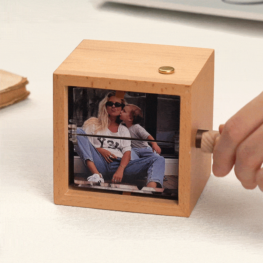 Regalo Per La Festa Della Mamma, Cornice Per Libro Flip Personalizzato, Macchina Per Animazione, Album Fotografico Meccanico Personalizzato A Manovella Con Cornice A Cubo In Noce Nero Chiaro