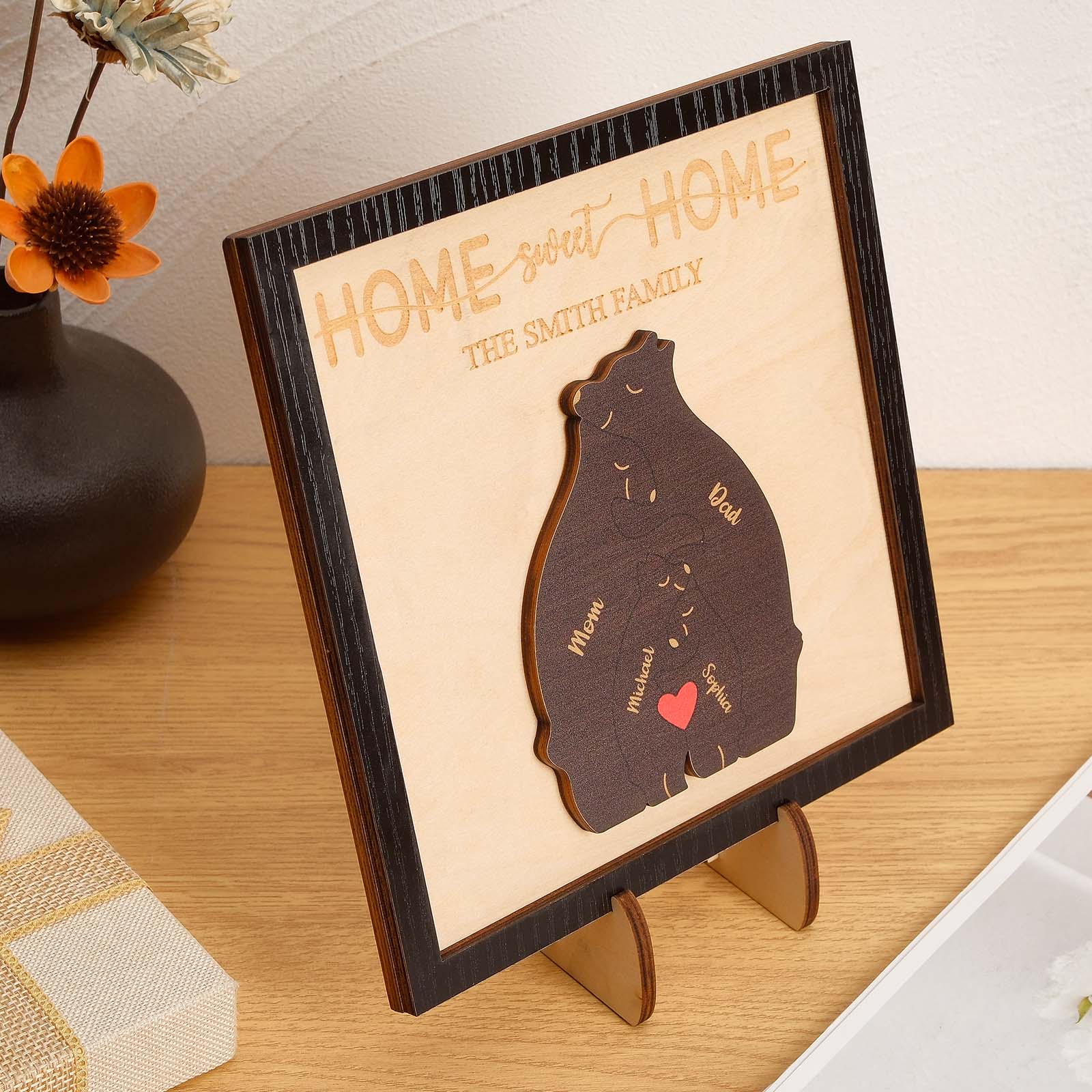 Custom Name Bear Family Puzzle Wooden Frame Personalized Wooden Home Decorations Motther's Day Gift -