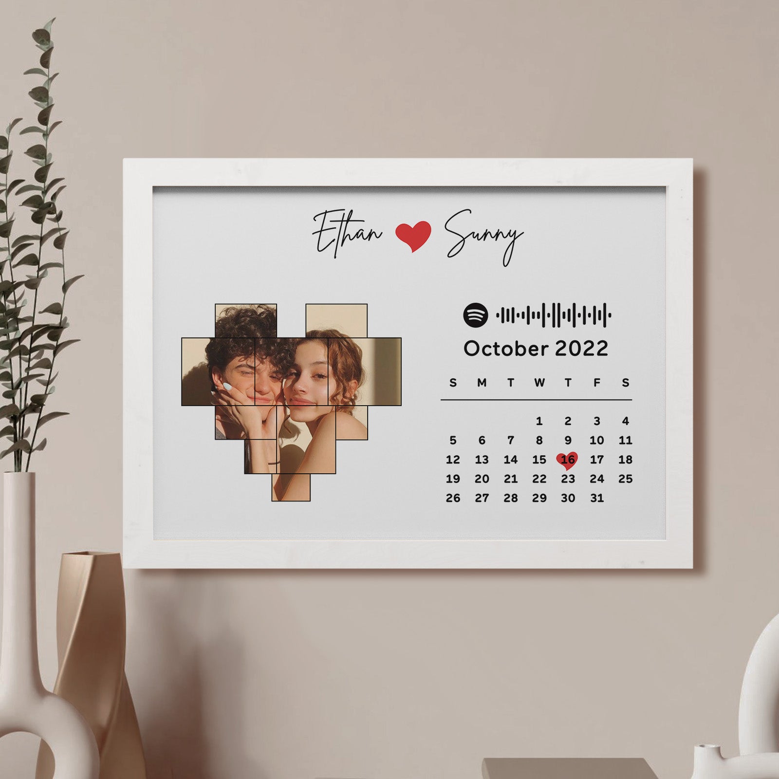 Custom Photo Calendar and Names with Spotify code Wooden Frame Gifts for Her Love Couple