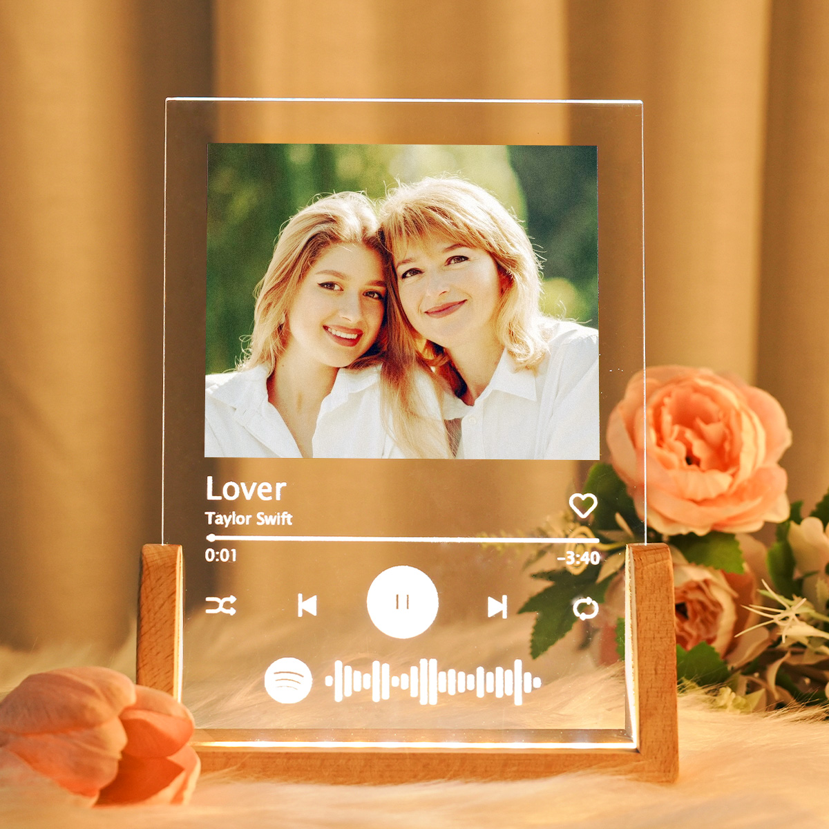 Anniversary Gift for Him Custom Acrylic Spotify Code Music Plaque Night Light With Wooden Base