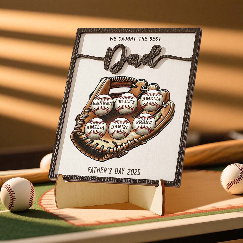 We Caught The Best Dad Baseball, Softball, Personalisierte 2-lagige Holztafel, Individueller Kindername, Vatertagsgeschenk Für Ehemann, Geschenk Für Papa