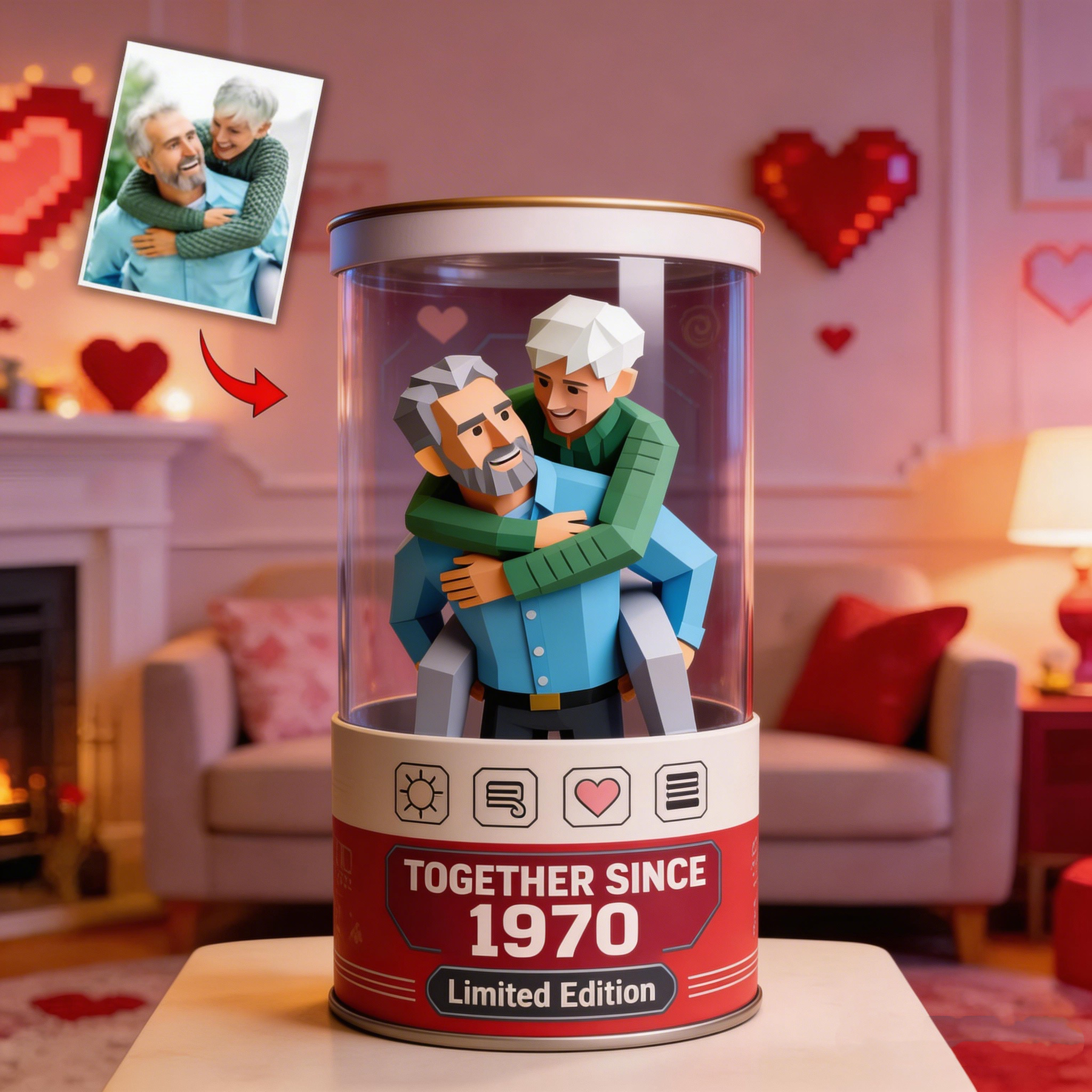 Custom Photo Low-Poly Cartoon Couple Space Capsule Ornament – Personalized Romantic Gift