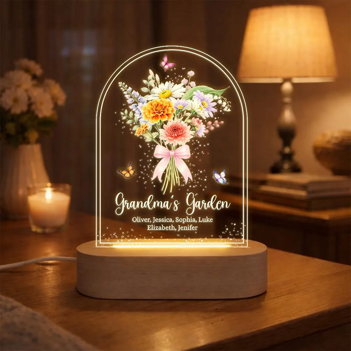 Grandma's Garden Night Light Custom Birth Month Flower With Kids Names Birthday Gift for Mom