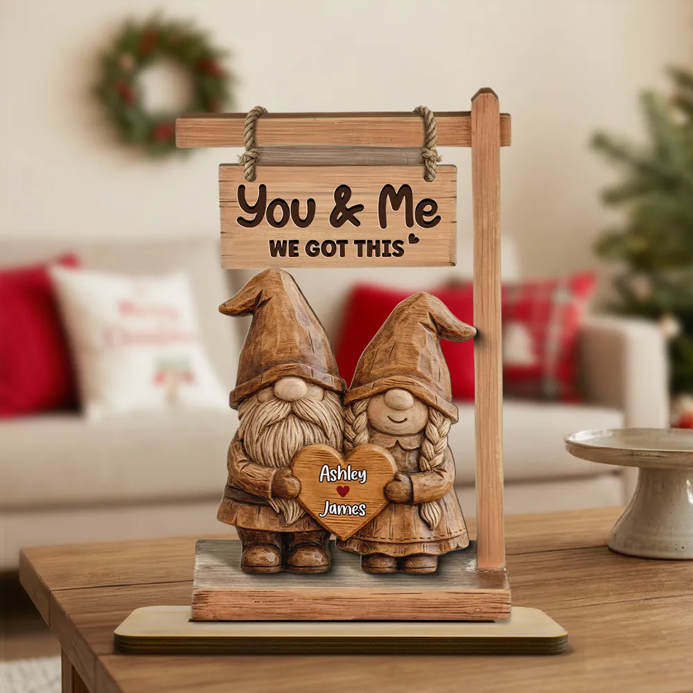3D Effect Gnome Couple Standing Personalized 2-Layered Wooden Plaque - Perfect Valentine's Day Gift