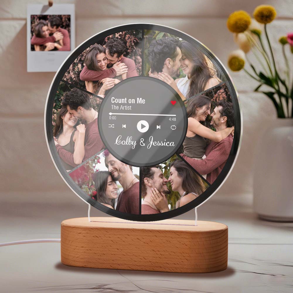 Personalized Couple Photos Record Night Light, Photo Collage LED Lamp for Boyfriend Girlfriend, Anniversary Gifts, Wedding Gift, Music Cover