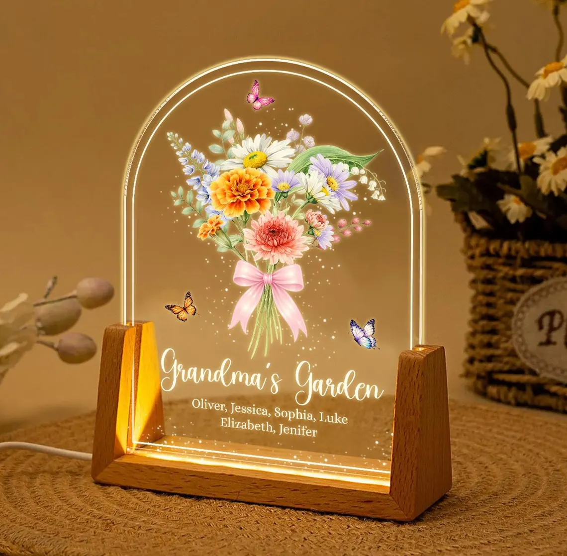 Grandma's Garden Night Light Custom Birth Month Flower With Kids Names Birthday Gift for Mom