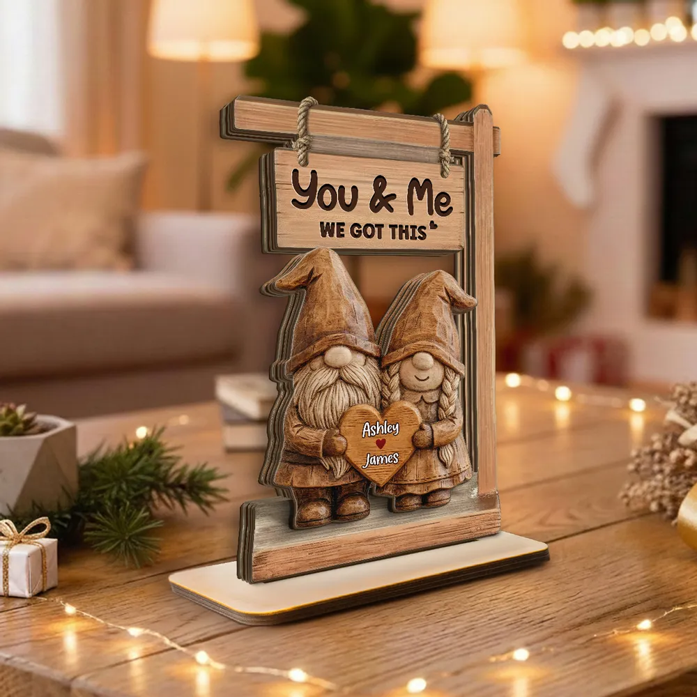 3D Effect Gnome Couple Standing Personalized 2-Layered Wooden Plaque - Perfect Valentine's Day Gift