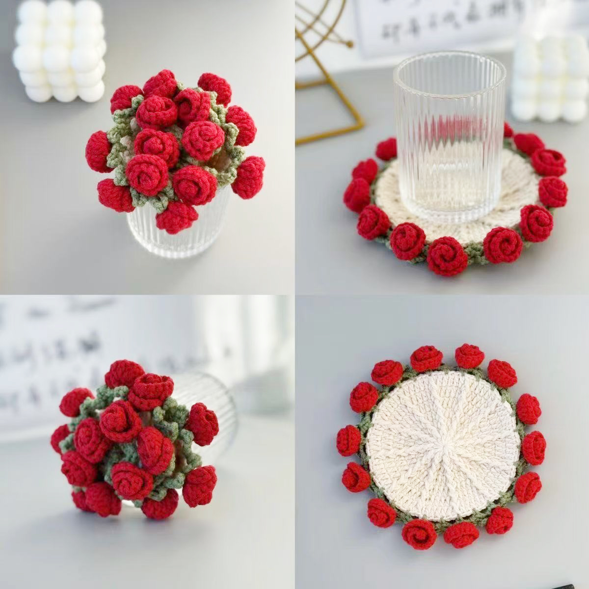 Regalo Per La Festa Della Mamma: Set Di Sottobicchieri A Forma Di Bouquet Di Rose All'uncinetto, Trasformabili In Sottobicchieri Floreali E Decorazioni Per La Casa, Regalo Unico Ed Ecologico. - 