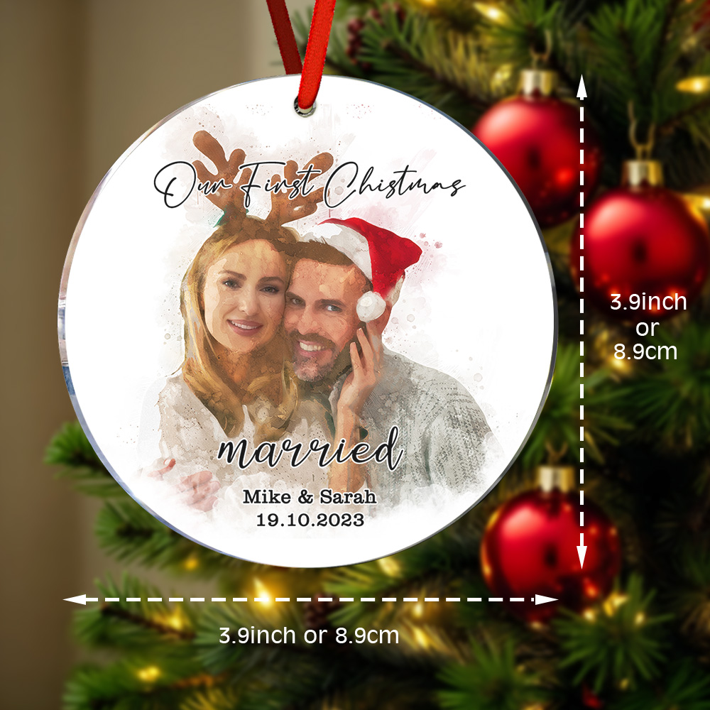Ritratto Personalizzato Ad Acquerello Per Gli Sposi, Ornamento Per Il Primo Natale Da Sposati, Ornamento Da Foto, Regalo Di Natale Per Novelli Sposi - 