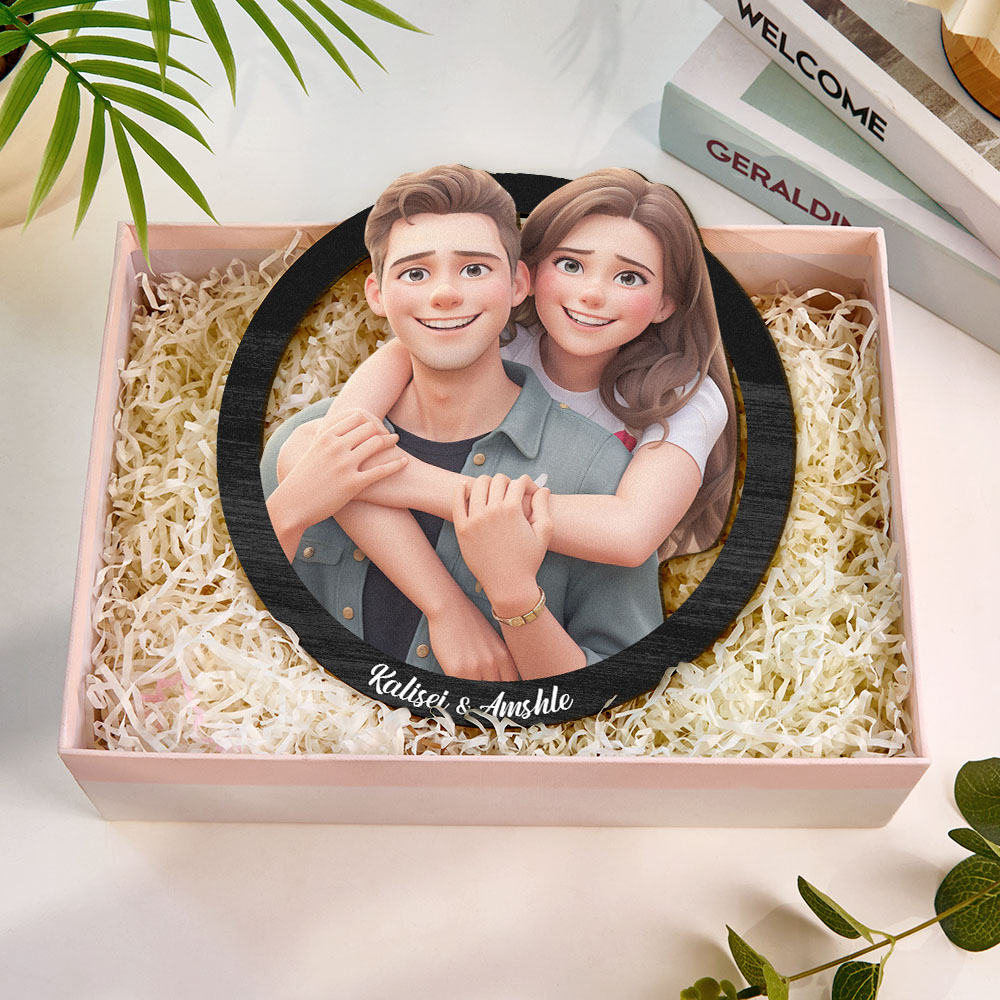 Regali Di Coppia Per San Valentino: Cornice Portafoto Personalizzata In 3d Stile Cartone Animato, Cornice In Legno Con Foto 3d In Stile Cartone Animato, Regalo Per Anniversario Di Matrimonio. - 