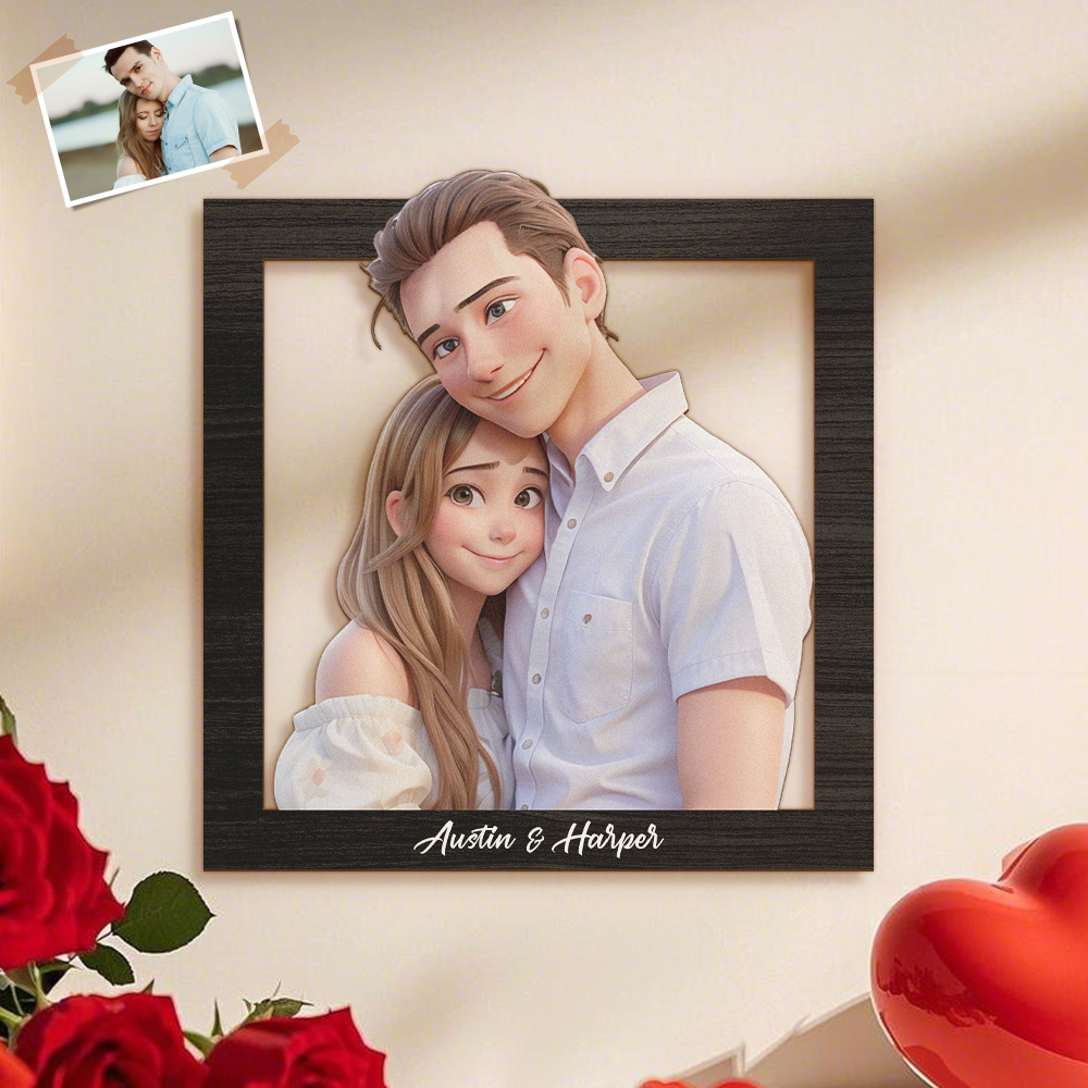 Quadro Da Parete Personalizzato In Legno 3d Con Soggetto Di Famiglia In Stile Cartone Animato, Dipinto 3d Fotografico, Ritratto Di Coppia Personalizzato In Stile Cartone Animato, Regalo Per La Coppia, Regalo Per La Famiglia, Regalo Di Anniversario - 