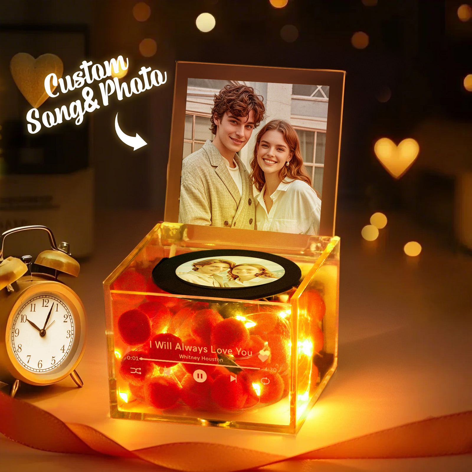 Mini Giradischi Personalizzato Per Lui Con Riproduzione Automatica Della Musica, Ricarica Usb, Foto E Luce Calda - 