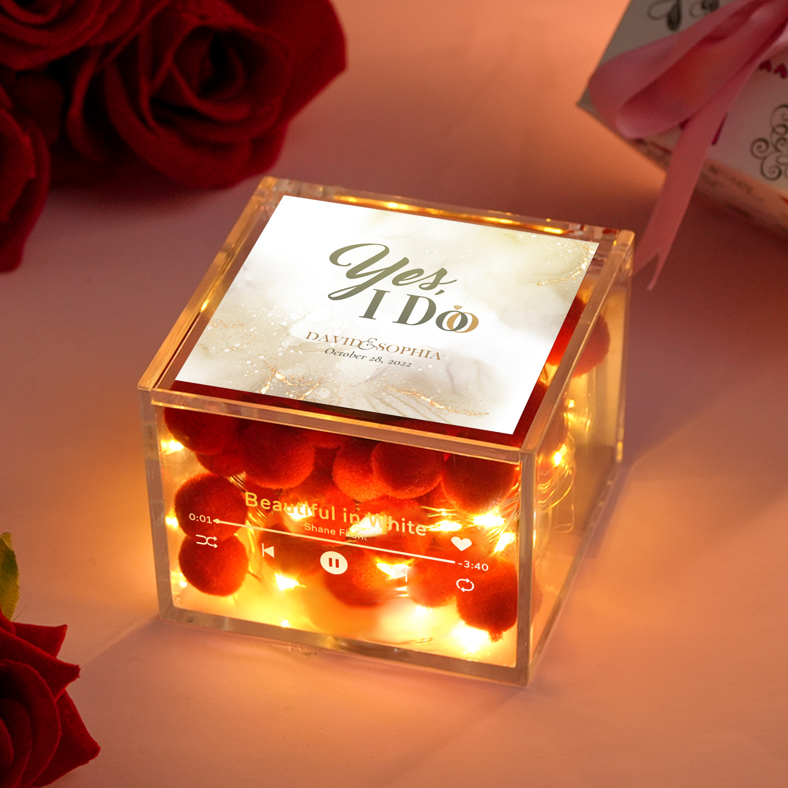 Mini Giradischi Personalizzato Per Matrimoni, Nomi Personalizzati E Calendario In Una Scatola Acrilica Perfetta Per Le Coppie Appena Sposate - 