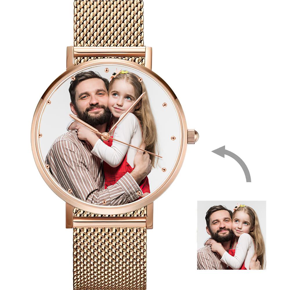 Regalo Per Uomo, Regalo Di Anniversario, Orologio Unisex In Oro Rosa Con Foto Incisa. - 