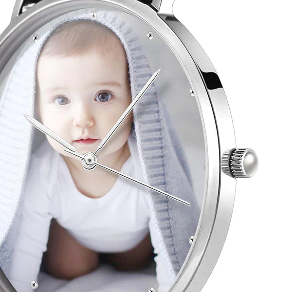 Orologio Personalizzato Con Incisione, Orologio Con Foto E Cinturino In Pelle Nera - 
