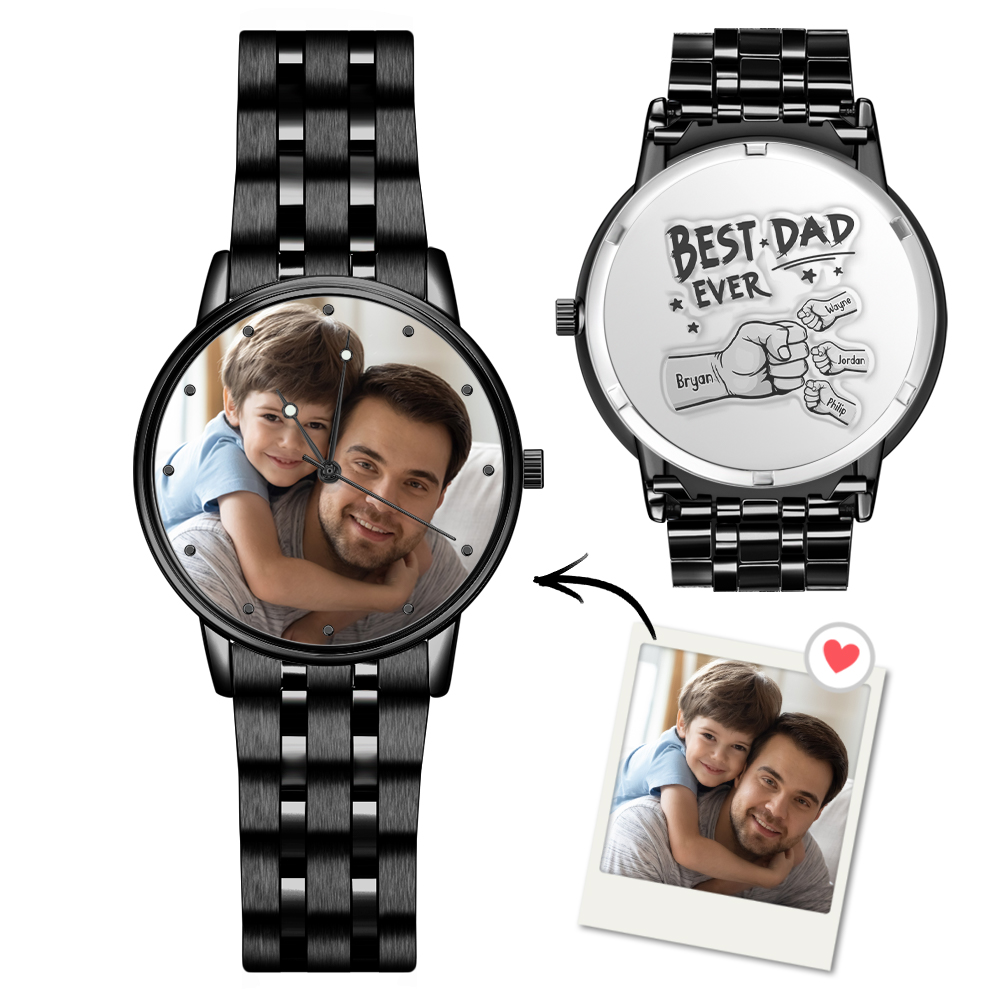 Orologio Da Uomo Personalizzato Con Foto, Bracciale In Lega Nera, Mani Che Si Stringono, Nome Inciso, Regalo Per La Festa Del Papà. - 