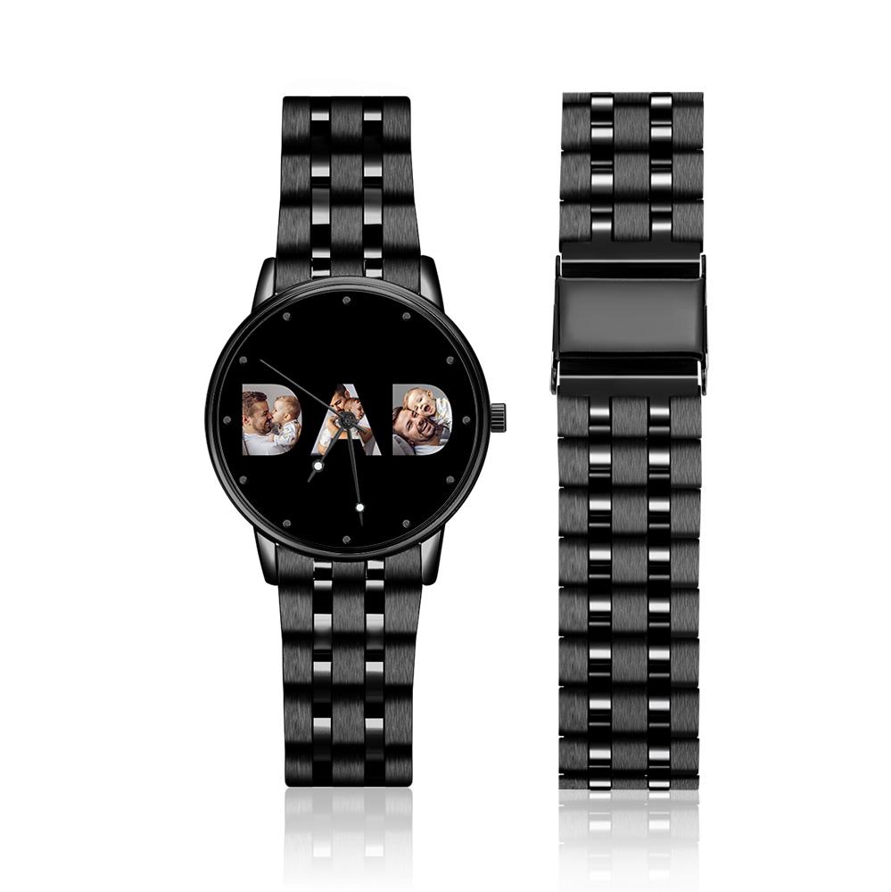 Orologio Da Uomo Personalizzato Con Foto, Cinturino In Lega Nera, Regalo Per La Festa Del Papà. - 
