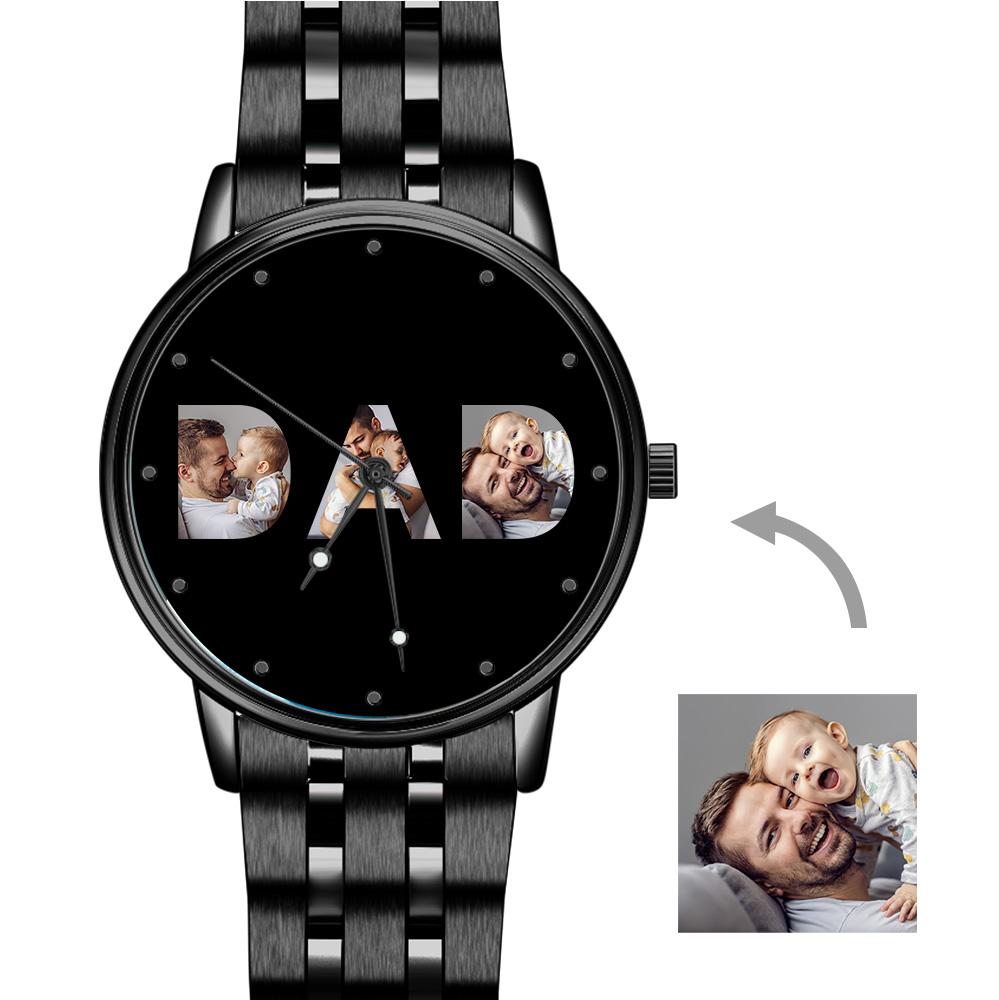Orologio Da Uomo Personalizzato Con Foto, Cinturino In Lega Nera, Regalo Per La Festa Del Papà. - 