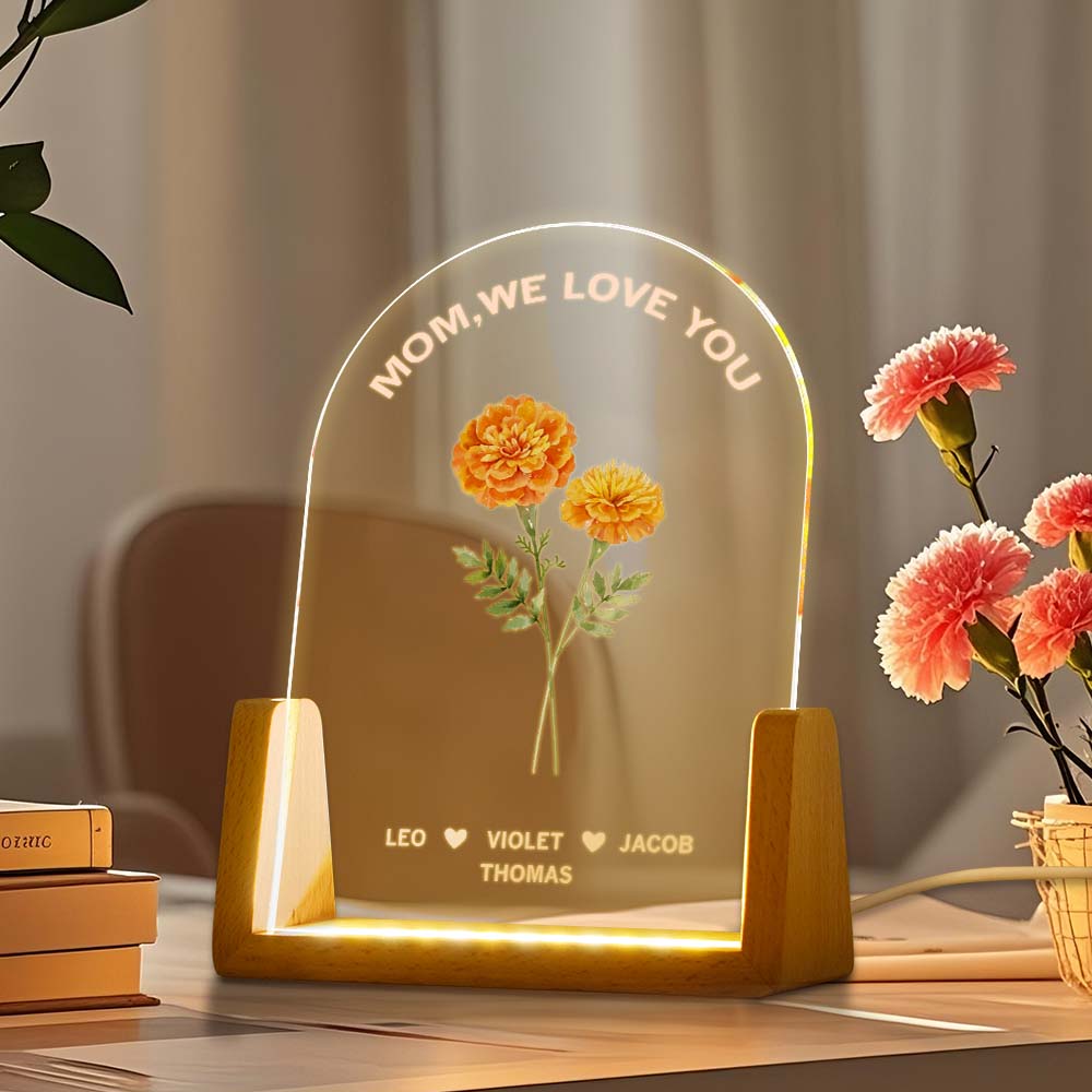 Luce Notturna Acrilica Personalizzata Con Fiore Del Mese Di Nascita, Luce Led Boho, Regalo Per La Mamma, Regalo Di Compleanno, Luce Notturna Personalizzata Per La Mamma, Regalo Per La Festa Della Mamma
