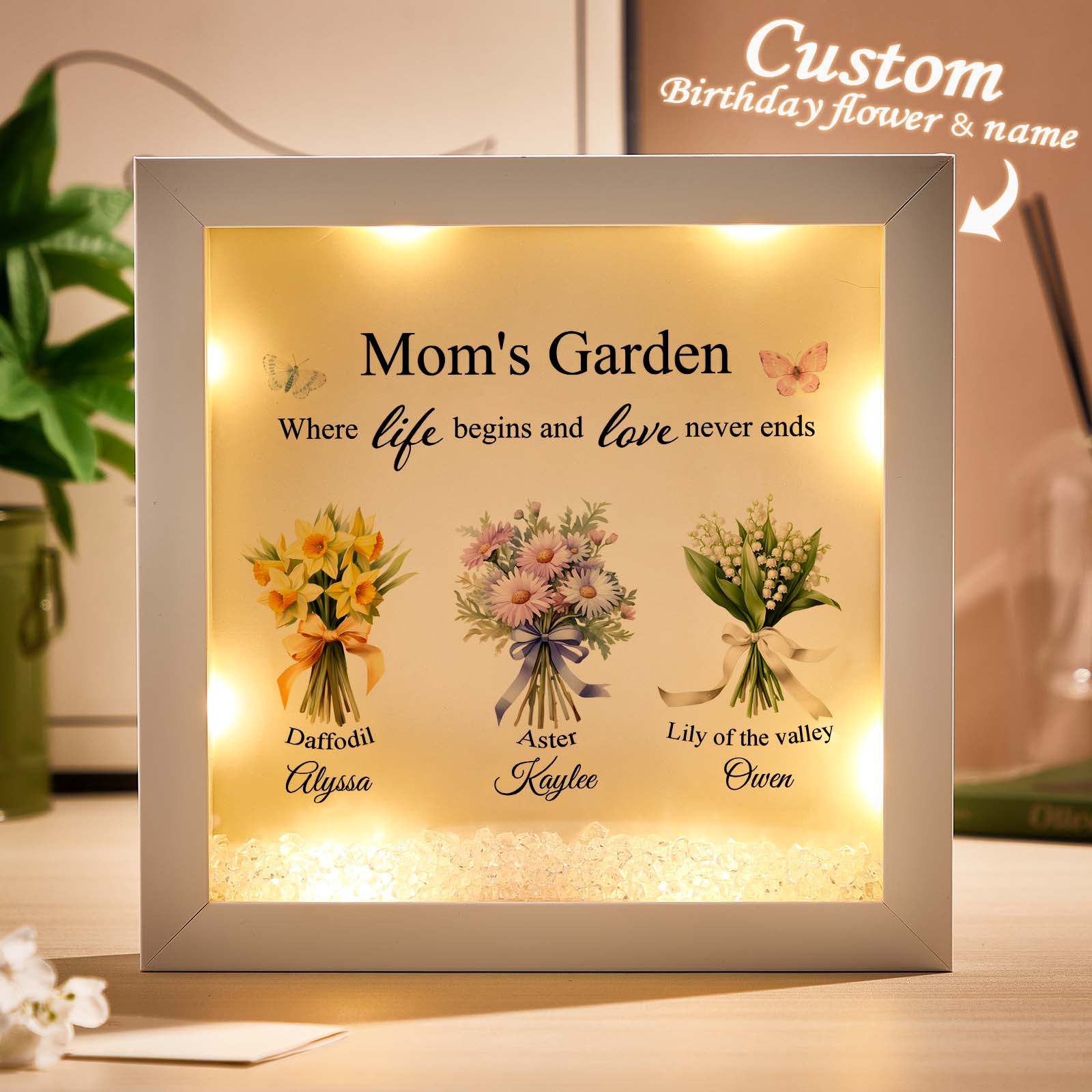Cornice Portafoto Personalizzata Con Fiori Di Nascita E Tema 'giardino Della Mamma', Ideale Come Regalo Per La Festa Della Mamma.