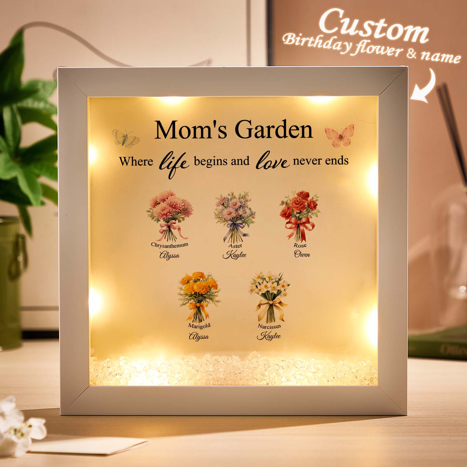 Cornice Portafoto Personalizzata Con Fiori Di Nascita E Tema 'giardino Della Mamma', Ideale Come Regalo Per La Festa Della Mamma.