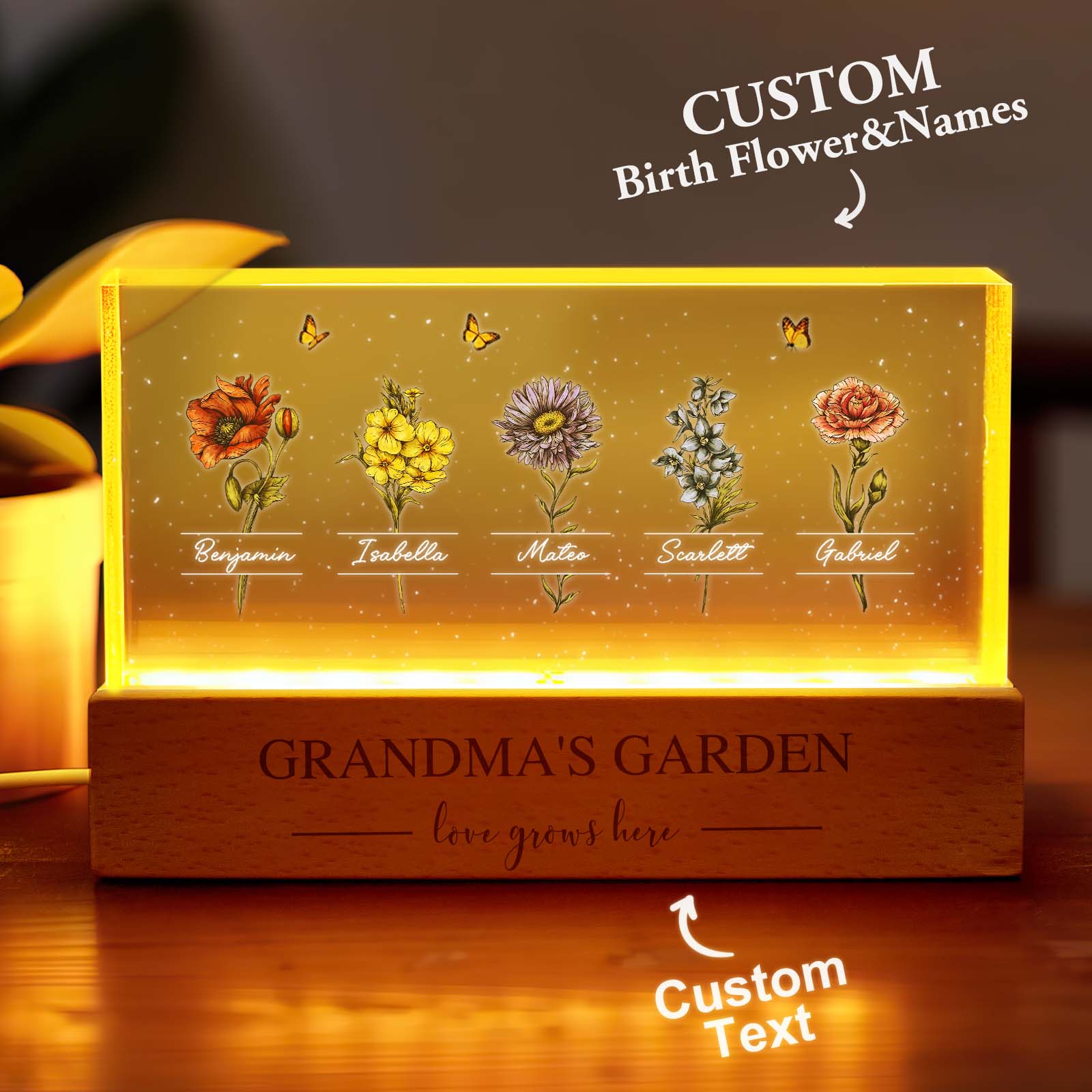 Il Giardino Della Nonna Con I Fiori Del Mese Di Nascita Dei Nipoti - Luce Notturna A Led Personalizzata, Un Regalo Sentito Per La Nonna E La Mamma.