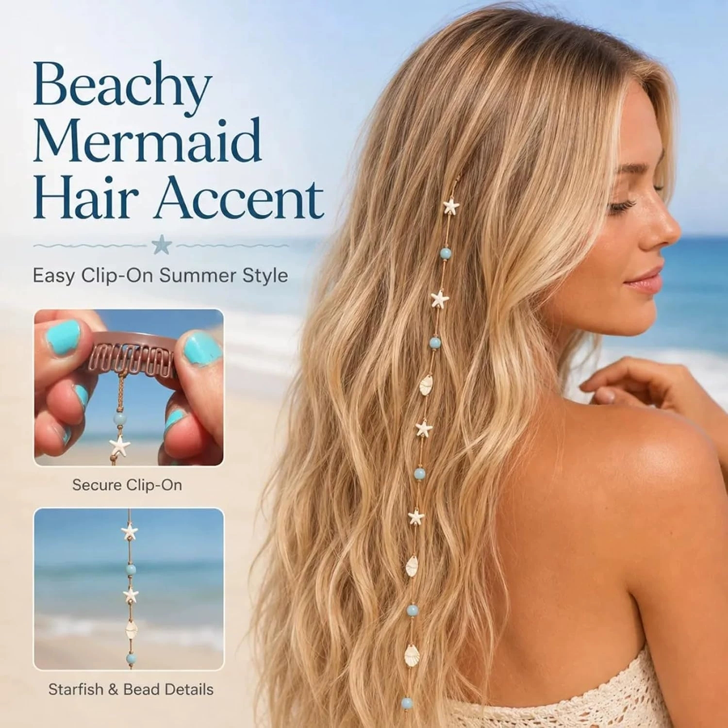 Fermaglio Per Capelli A Forma Di Sirena Da Spiaggia Con Stella Marina, Conchiglia E Perline Blu, Accessorio Per Capelli Boho Nascosto Per Donne E Ragazze, Copricapo Per Feste Per Le Vacanze Estive - 