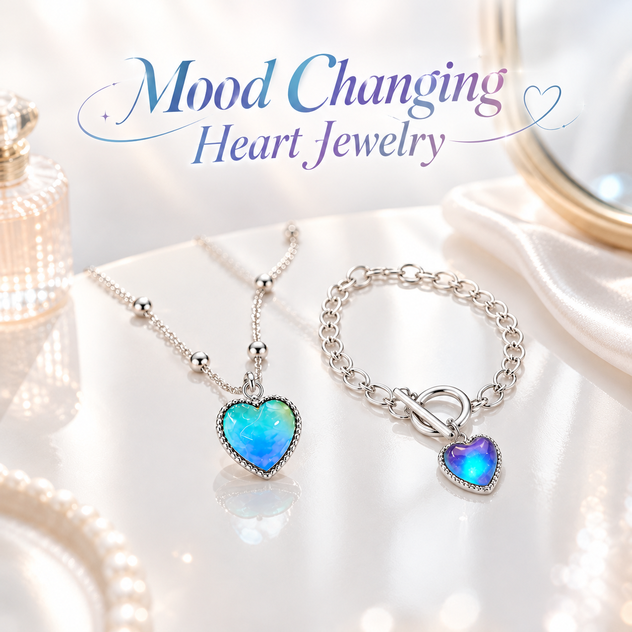 Mood Changing Heart Pendant Necklace Bracelet – Color-Changing Emotion Jewelry Gift for Her