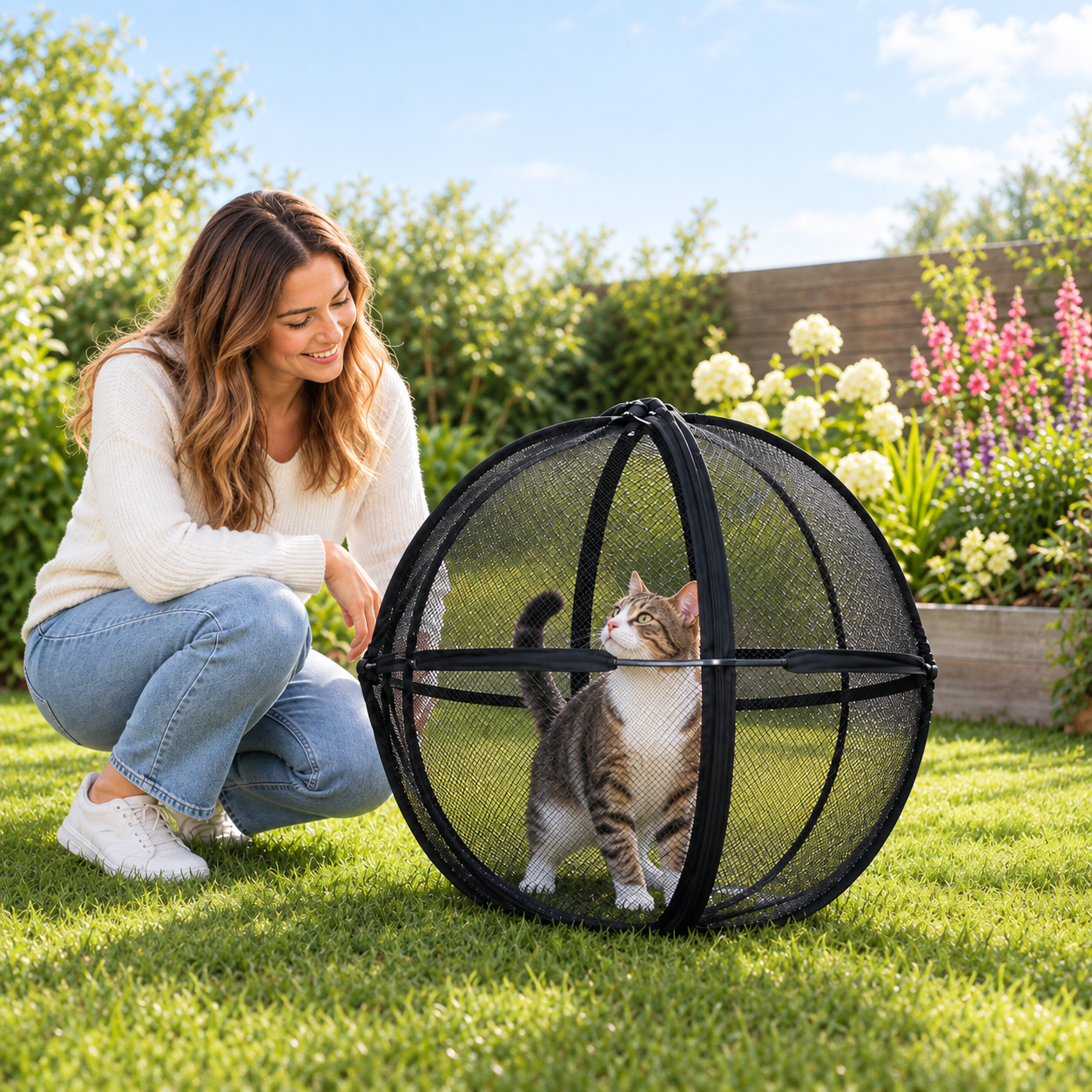 360° Panoramic Foldable Cat Playpen, Breathable Mesh Enclosure