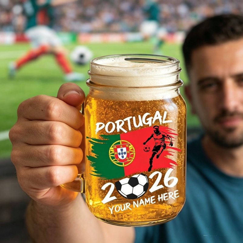 Portugal World Cup 2026 Mason Jar Mug Personalized with Name, Soccer Beer Glass for Dad, Grandpa Birthday Gift